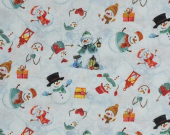 Little Snowmen, Holiday Snow Friends Christmas Novelty Cotton Fabric, Small Print