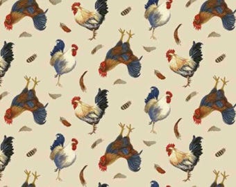 Chicken Fabric, Tossed Roosters and Chickens on Cream The Chicken Club by Kathleen Hill for Studio E Quilting Cotton Fabric