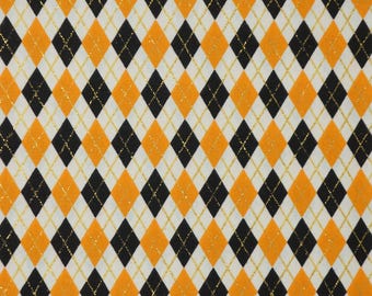 Argyle Halloween Fabric, Orange and Black Argyle with Gold Sparkle Halloween Novelty Cotton Fabric