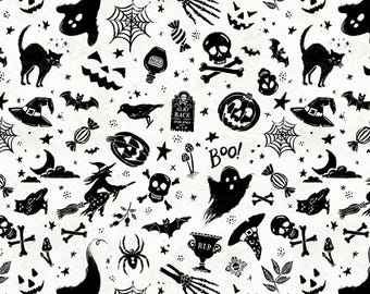 Halloween Toss Fabric, Haunting Toss on Cream Midnight Hauntings by Michael Davis for Wilmington Prints Quilting Cotton Fabric 96484-191