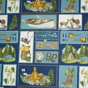 Camping Fabric, Going Camping Patchwork on Blue by David Textiles Novelty Cotton Fabric, Camping Gear Fabric