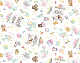 Dessert Fabric, Pastry Treats on White Gnomebody Bakes it Better by Andi Metz for Kanvas Studio Benartex Quilting Cotton Fabric, 12833B-09