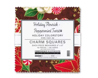 5 Inch Christmas Charm Pack Holiday Colorstory Peppermint Twist Robert Kaufman 42 piece Quilting Cotton Fabric, Gold Metallic CHS-1301-42