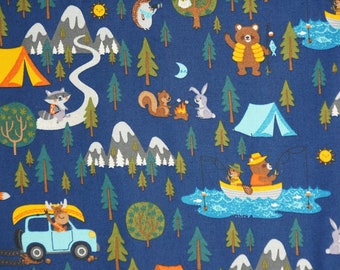 Woodland Animals Fabric, Camping Animals on Blue Novelty Cotton Fabric, Bears Camping Fabric, Woodland Animals Camping Fabric