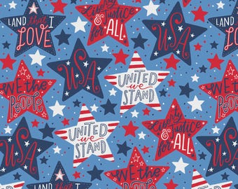 Patriotic Stars Fabric, Patriotic Minis America Stars on Light Blue by P & B Textiles Quilting Cotton Fabric
