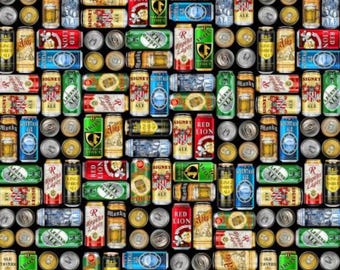Beer Fabric, Beer Cans on Black Ale House by Benartex Quilting Cotton Fabric, Craft Beer Fabric, 12745B-99