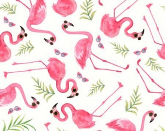 Flamingo Fabric, Pink Flamingos on White Tropical Bird Bath by Beth Reed for Studio E Quilting Cotton Fabric