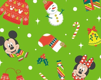 Disney Christmas Fabric, Christmas Mickey and Minnie Toss on Lime Green Disney Licensed by Springs Creative Christmas Novelty Cotton Fabric