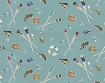 Fishing Fabric, Fishing Icons on Teal Wake by the Lake Quilting Cotton by Riley Blake Quilting Cotton Fabric, C14892-TEAL