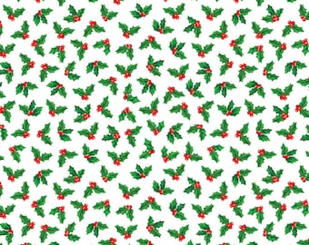 Holly Fabric, Holly on White Sugar and Spice by Nicole DeCamp by Benartex Kanvas Studio Quilting Cotton Fabric 14576-09B