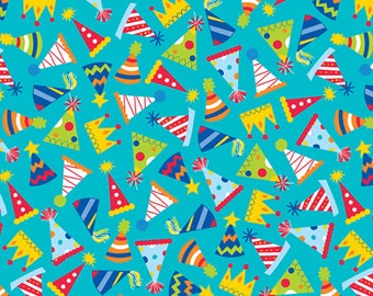 Happy Birthday Fabric, Party Hats on Aqua from the This Calls for Cake Collection by Emily Dumas for Henry Glass Quilting Cotton Fabric