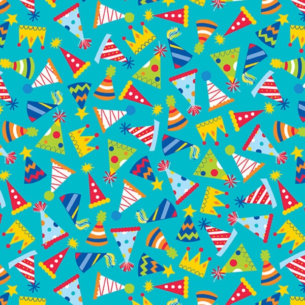 Happy Birthday Fabric, Party Hats on Aqua from the This Calls for Cake Collection by Emily Dumas for Henry Glass Quilting Cotton Fabric