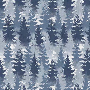 Forest Tree Fabric, Packed Navy and Blue Trees on White Lake Retreat Collection by PDR for Wilmington Prints Fabrics Quilting Cotton Fabric