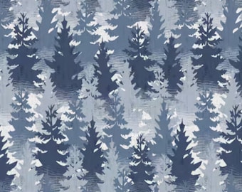 Forest Tree Fabric, Packed Navy and Blue Trees on White Lake Retreat Collection by PDR for Wilmington Prints Fabrics Quilting Cotton Fabric