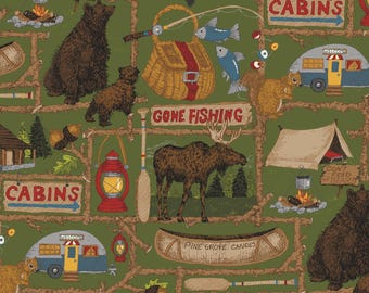 Camping Fabric, Pine Grove Main on Green by Riley Blake Designs Quilting Cotton Fabric Bears Camping Fabric, C15930-GREEN
