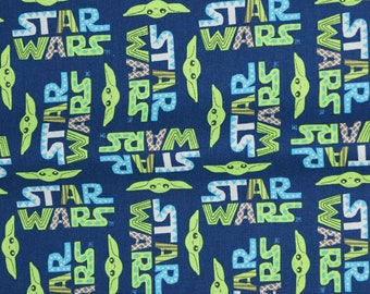 Baby Yoda The Child  Star Wars Logo Mandalorian Licensed Blue Cotton Fabric