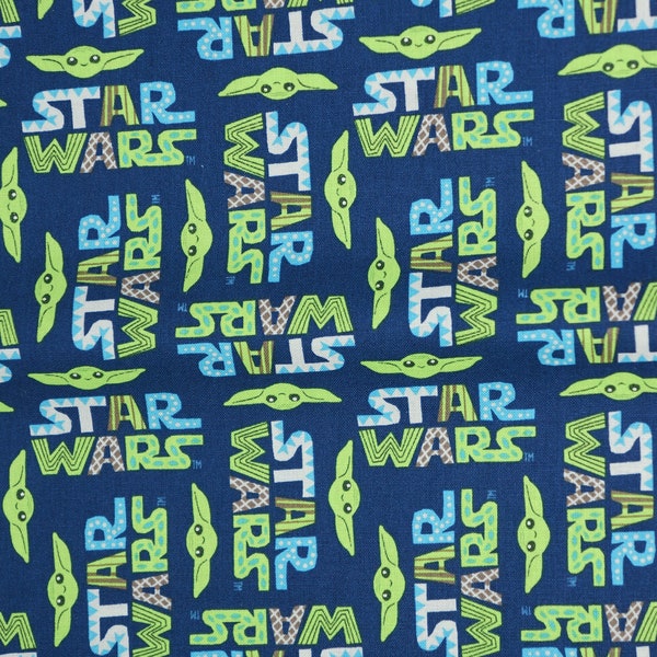 Baby Yoda The Child  Star Wars Logo Mandalorian Licensed Blue Cotton Fabric