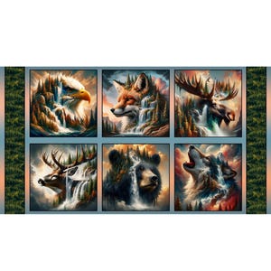 Wilderness Panel 23&quot;x43&quot; Wilderness Song by Marilynn Lee for Blank Quilting Cotton Fabric, Wild Animal Quilt Block Panel 10.75&quot;x10.5&quot; Blocks