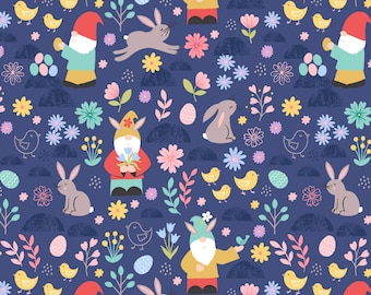 Spring Easter Gnomes by Lewis and Irene Quilting Cotton Fabric, Easter Gnomes and Bunnies, Easter Eggs and Gnomes A588.3