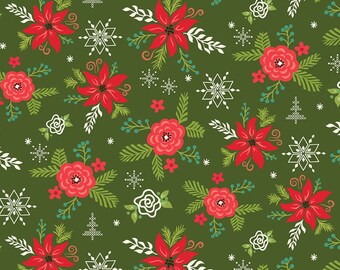 Poinsettia Fabric, Christmas Floral Fabric, Winter Wonder Main Dark Green Riley Blake Quilting Cotton Fabric