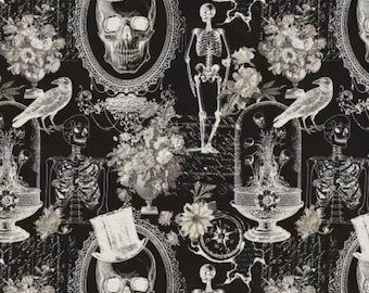 Skulls and Floral Fabric, Nevermore Evermore on Black Boo-tiful by Michael Miller Fabrics Quilting Cotton Fabric, Romantic DCX12275-BLACK
