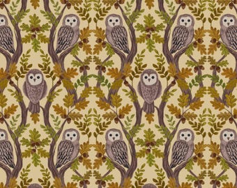 Owl Fabric, Wise Owls on Light Gold Old Quercus by Lewis and Irene Quilting Cotton Fabric A932.A