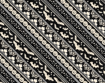 Halloween Bias Stripe Fabric, Ticking Stripe Black Midnight Hauntings Michael Davis for Wilmington Prints Quilting Cotton Fabric 96486-919