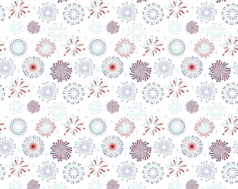 Patriotic Fireworks Fabric, Fireworks on White Stars and Stripes Forever by Lori Whitlock Riley Blake Quilting Cotton Fabric C15711-WHITE