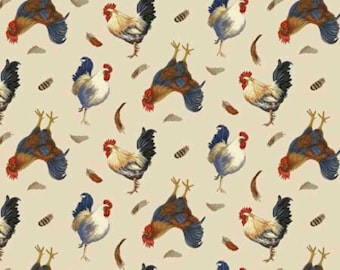 Chicken Fabric, Tossed Roosters and Chickens on Cream The Chicken Club by Kathleen Hill for Studio E Quilting Cotton Fabric