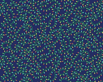 Christmas Lights Fabric, Holiday Lights on Navy Happy Llamadays by Andi Metz by Benartex Kanvas Studio Quilting Cotton Fabric 14426-56B