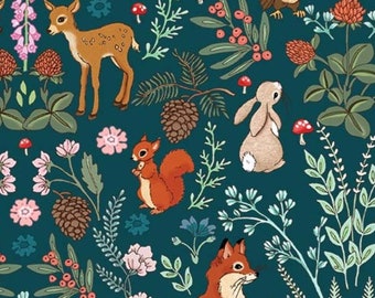 Woodland Animal Fabric, Forest Adventure in Spruce Green Midnight Forest by Belle and Boo from Michael Miller Quilting Cotton Fabric