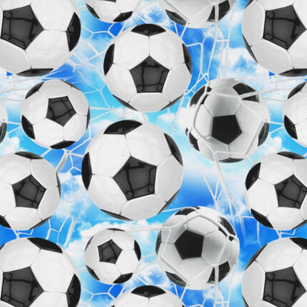 Soccer Fabric, Soccer Balls and Nets on Blue Sky by David Textiles Novelty Cotton Fabric