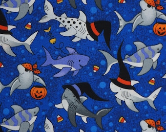Sharks in Halloween Costumes by Fabric Traditions Novelty Cotton Fabric 17821-N, Halloween Shark, Pirate Shark, Witch Shark