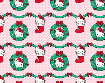 Hello Kitty Christmas Fabric, Hello Kitty Wreath and Stockings Licensed by Sanrio for Springs Creative Novelty Cotton Fabric