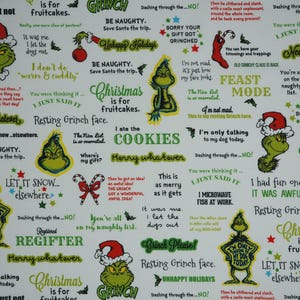 Grinchy Words, The Grinch on White Dr. Seuss How the Grinch Stole Christmas Licensed Quilting Cotton Fabric, Robert Kaufman ADE-20280-223