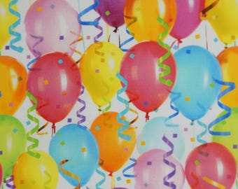 Birthday Balloon Fabric, Rainbow Party Balloons on White Novelty Cotton Fabric