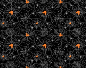 Halloween Mickey Ears Fabric, Mickey Head and Spiderwebs on Black Licensed Disney Novelty Cotton Fabric by Springs Creative