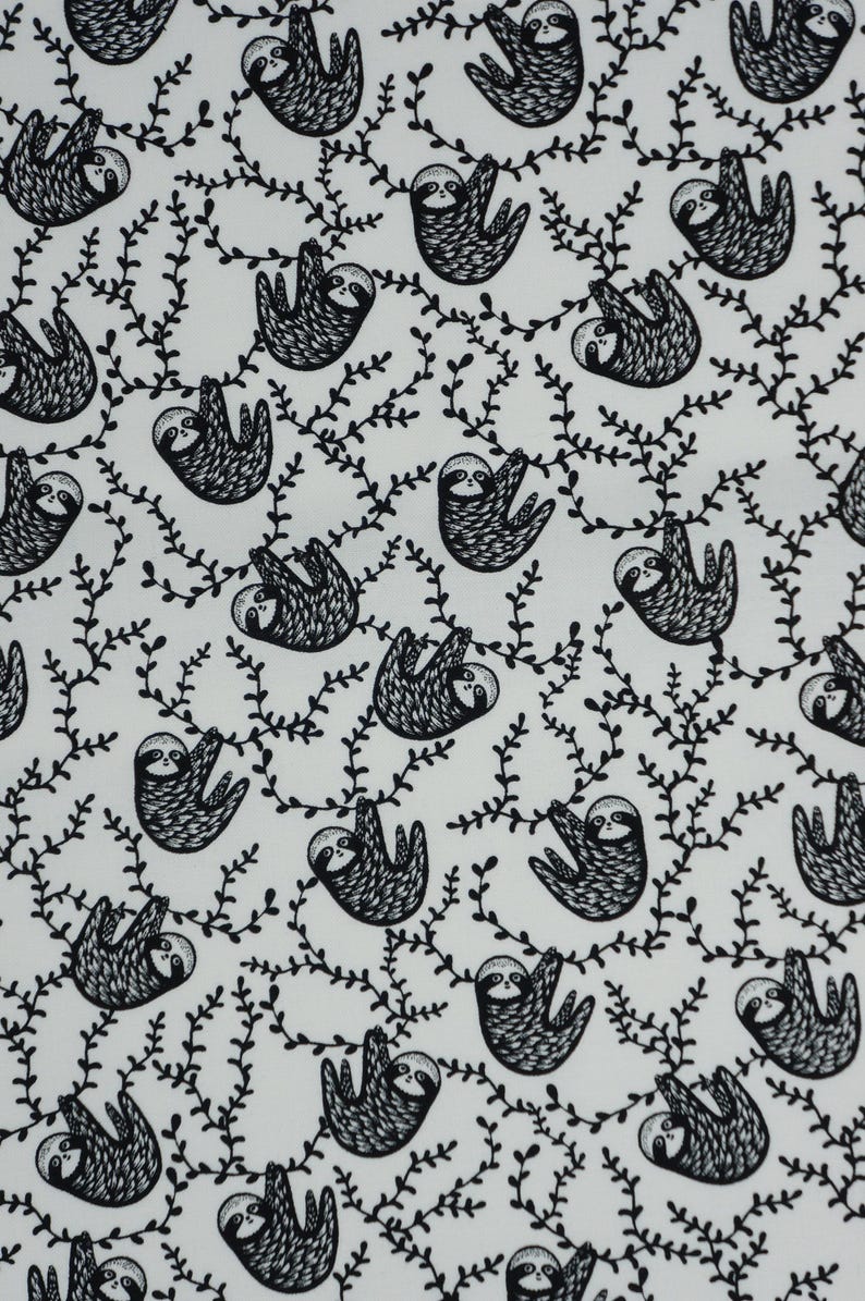 Black and White Sloths By Dear Stella Quilting Cotton Fabric, Small Print Sloths, ST-WG1985WHITE, ABC Menagerie by Wee Gallery Collection image 1