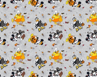 Halloween Mickey Fabric, Mickey and Friends Web Toss on Gray Licensed Novelty Cotton Fabric by Springs Creative, Not so Spooky Disney