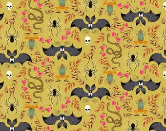 Bat Fabric, Batty on Greenish Yellow by Dear Stella Digitally Printed Quilting Cotton Fabric, Snakes, Spiders, and Frogs