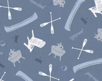 Lake Life Fabric, Lakeside Toss on Denim Lake Retreat Collection by PDR for Wilmington Prints Fabrics Quilting Cotton Fabric 59034-410