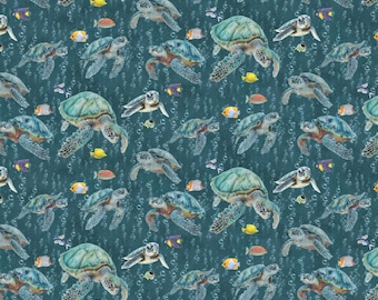 Turtle Fabric, Sea Turtle Swim on Dark Teal by Skyline Studio for Benartex Traditions Quilting Cotton Fabric, 16530-85B