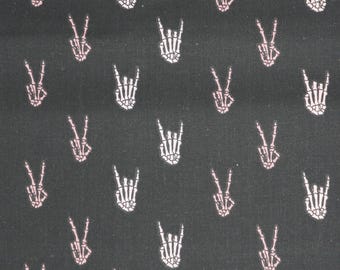 Skeleton Hand Fabric, Skeleton Hands on Black Halloween Novelty Cotton Fabric, Rock on Sign, Peace Sign