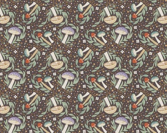 Mushroom Fabric, Woodland Mushrooms on Espresso Brown Cottage Core by Jessica Flick for Benartex Quilting Cotton Fabric 16377B-77