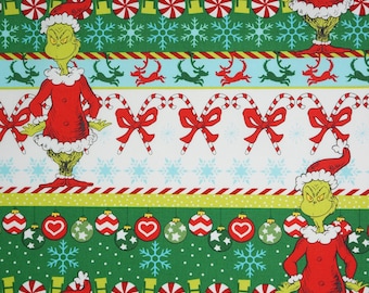 Grinch Fabric, The Grinch Dr. Seuss How the Grinch Stole Christmas Border Stripe Licensed Quilting Cotton Fabric