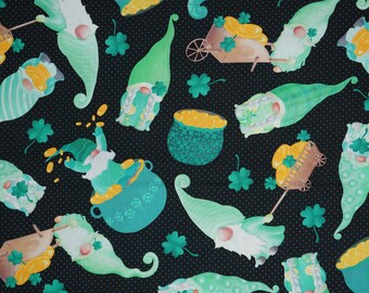 St Patrick's Day Gnome Fabric, Tossed Lucky Gnomes on Black by Andi Metz for Kanvas Studio Quilting Cotton Fabric, Luck of the Gnomes