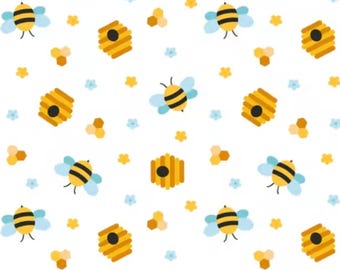 Beehive Fabric, Beehives and Bees on White by David Textiles Novelty Cotton Fabric, Beehive Party Fabric, DX-4108-4C-1