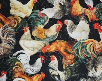 Rooster and Chicken Fabric, Poultry in Motion on Black by Michael Miller Quilting Cotton Fabric, Farmhouse Fabric, Early to Rise