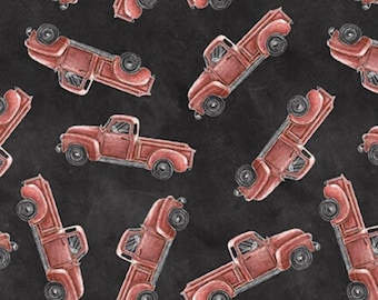 Red Vintage Truck Fabric, Tossed Trucks on Charcoal Late Summer Harvest Collection by Blank Quilting Cotton Fabric
