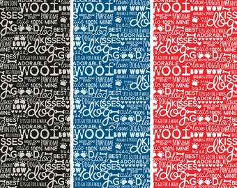 Dog Words Fabric, Dog Word Blender, Cooper Words Black, Red or Blue by Riley Blake Quilting Cotton Fabric, Dog Bandana Fabric